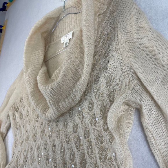 THE LOFT Womens L Cream Soft Knit Crochet Cowl Neck Long Sleeve Sweater Top - Picture 3 of 12